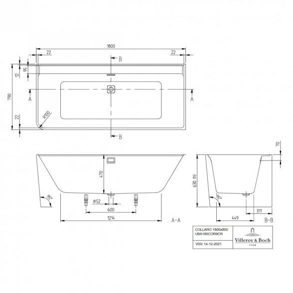 Akrilinė laisvai pastatoma vonia VILLEROY & BOSH Collaro (dešininė) 790 x 1790 mm, UBA180COR9CR00VD01 3
