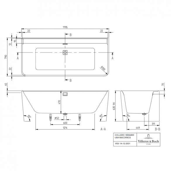 Akrilinė laisvai pastatoma vonia VILLEROY & BOSH Collaro (Gold) 790 x 1790 mm, UBA180COR9CS00VJ01 2