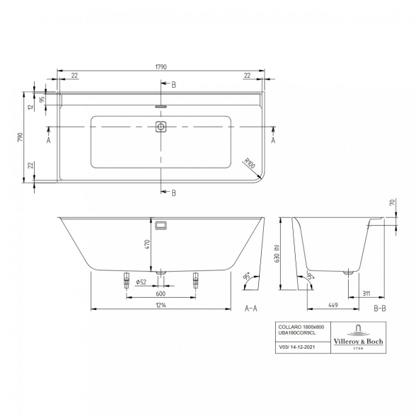 Akrilinė laisvai pastatoma vonia VILLEROY & BOSH Collaro (kairinė) 790 x 1790 mm, UBA180COR9CL00VD01 4
