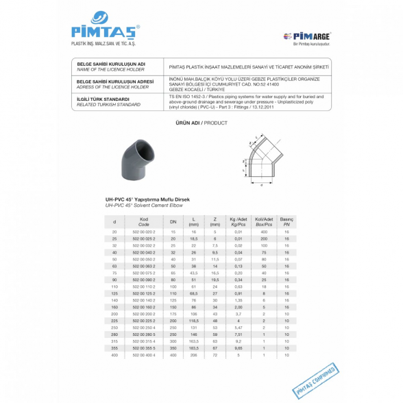 Alkūnė PVC-U PİMTAŞ 110 x 45° (PN16) 3