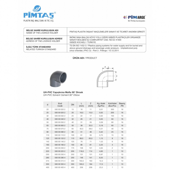 Alkūnė PVC-U PİMTAŞ 110 x 90° (PN16) 3