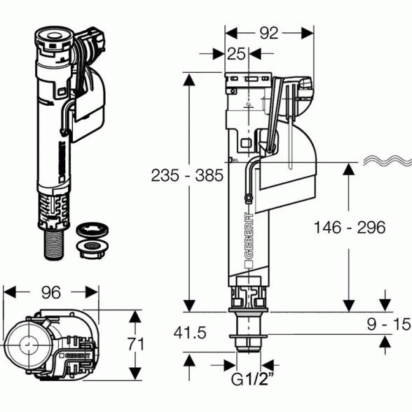 Apatinio pajungimo WC pripildymo mechanizmas GUSTAVSBERG, sriegis 1/2" 1