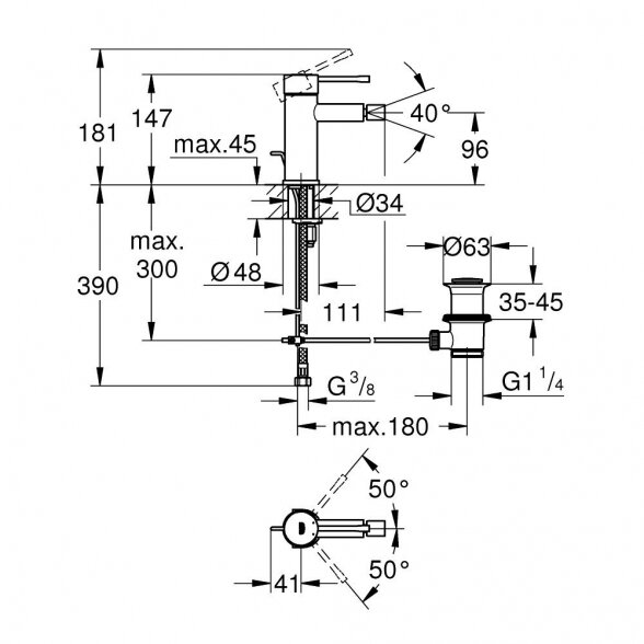 Bidė maišytuvas su dugno vožtuvu GROHE Essence S-dydis, 24178GN1 2