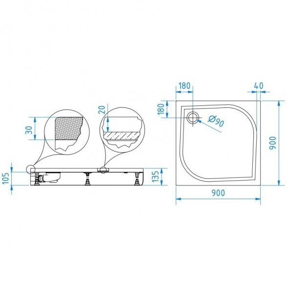 Dušo padėklas BRASTA GLASS Rokas 90 x 90 cm 2