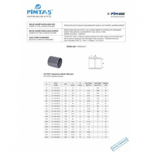 Dviguba mova PVC-U PİMTAŞ 110 (PN16) 3