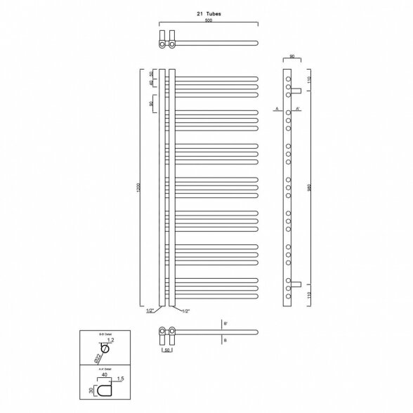 Elektrinis rankšluosčių džiovintuvas SAPHO Dorlion 50x120 cm baltas, dešininis su tenu ir laidu 5