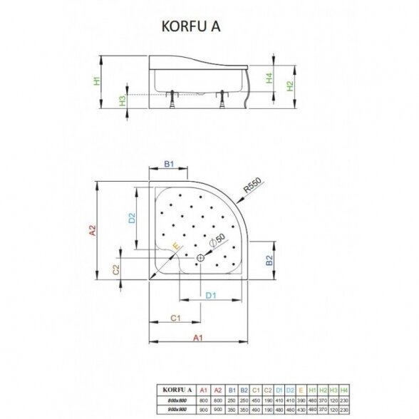 Gilus pusapvalis dušo padėklas RADAWAY Korfu A (Įvairių dydžių pasirinkimas) 1