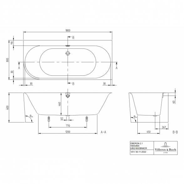 Kampinė vonia VILLEROY & BOSH Oberon 2.1 Quaryl 180 x 80 cm, UBQ180OBN9CR00VD01 5