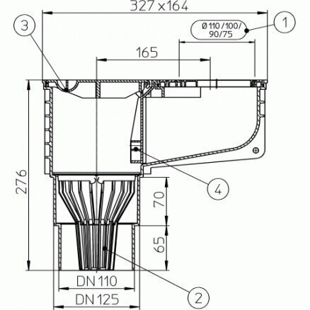 Lietaus surinkimo trapas HL660/2 su neužšąlančiu sifonu, pajungimo žiedais 1