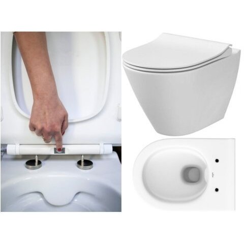 Pakabinamas WC puodas CERSANIT City Oval su Rimless technologija ir plonu lėtaeigiu dangčiu 6