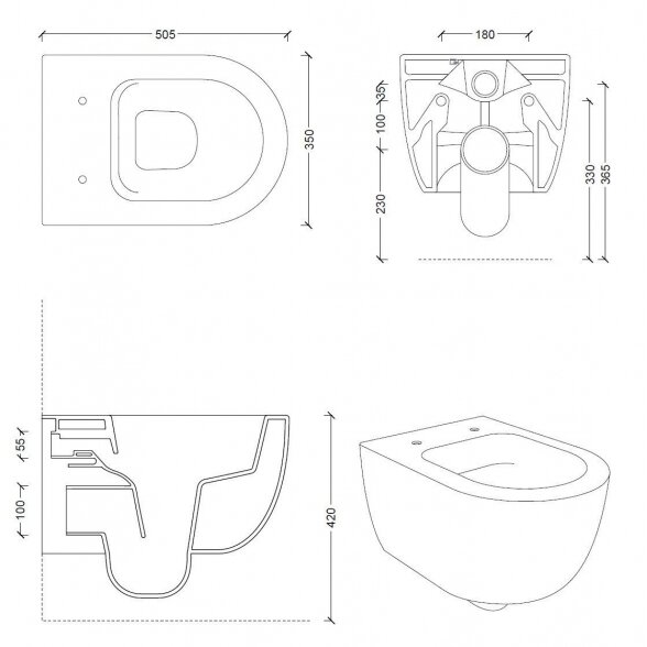 Pakabinamas unitazas ALICE CERAMICA Unica Rimless 50 x 35 cm su Slim Slow close dangčiu, juodas-matinis 2