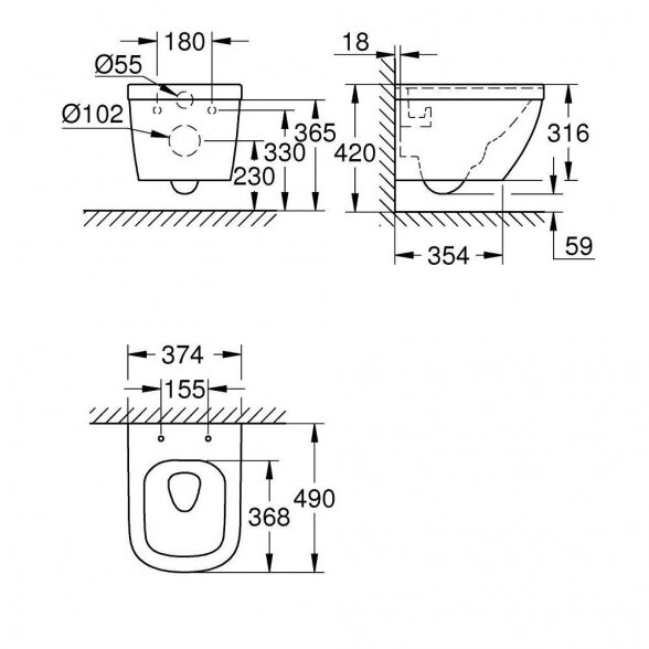 Pakabinamas unitazas GROHE Euro Ceramic Rimless Compact su sėdyne ir softclosing dangčiu 3