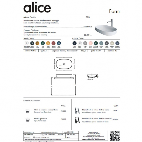 Pastatomas ant stalviršio praustuvas ALICE CERAMICA Form 650 x 400 mm (spalvų pasirinkimas) 5
