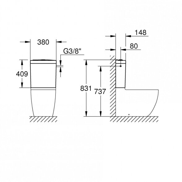 Pastatomo unitazo komplektas GROHE Bau Ceramic su softclosing dangčiu (vandens pajungimas iš apačios) 1