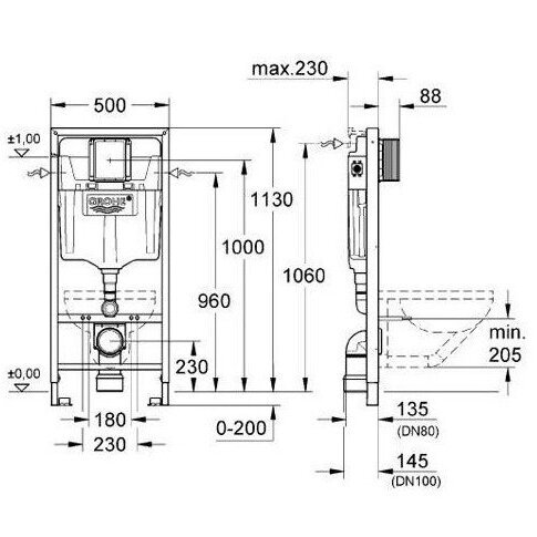 Potinkinis GROHE Rapid SL rėmas su chromuotu mygtuku ir klozetu DEANTE Peonia Rimless 6