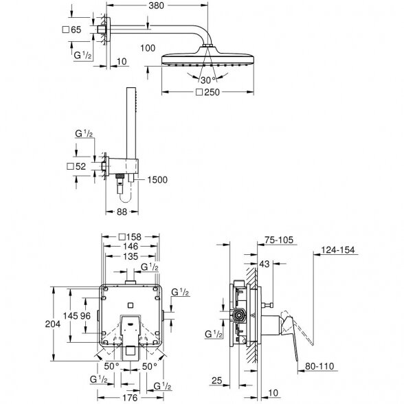 Potinkinė dušo sistema GROHE Eurocube Tempesta 250 Cube, 25239000 2