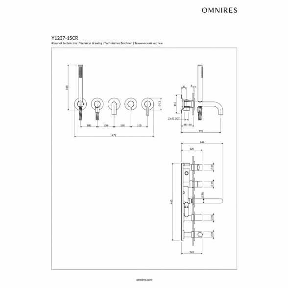 Potinkinis 5 dalių vonios maišytuvas su rankiniu dušeliu ir potinkine dalimi OMNIRES snapelio ilgis 17,5 cm, Y1237/1SCR 1