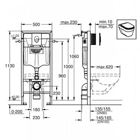 Potinkinis GROHE Rapid SL rėmas su baltu mygtuku ir klozetu DEANTE Peonia Rimless 13