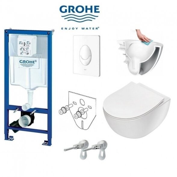 Potinkinis GROHE Rapid SL rėmas su baltu mygtuku ir klozetu DEANTE Peonia Rimless 9