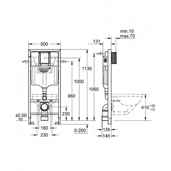 Potinkinis GROHE Rapid SL rėmas su chromuotu mygtuku ir klozetu VITRA Sento Rimless 15