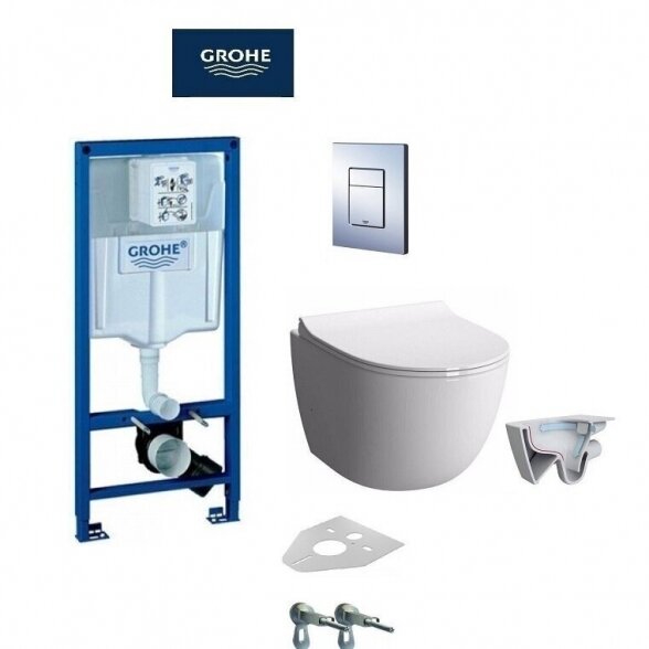 Potinkinis GROHE Rapid SL rėmas su chromuotu mygtuku ir klozetu VITRA Sento Rimless 6