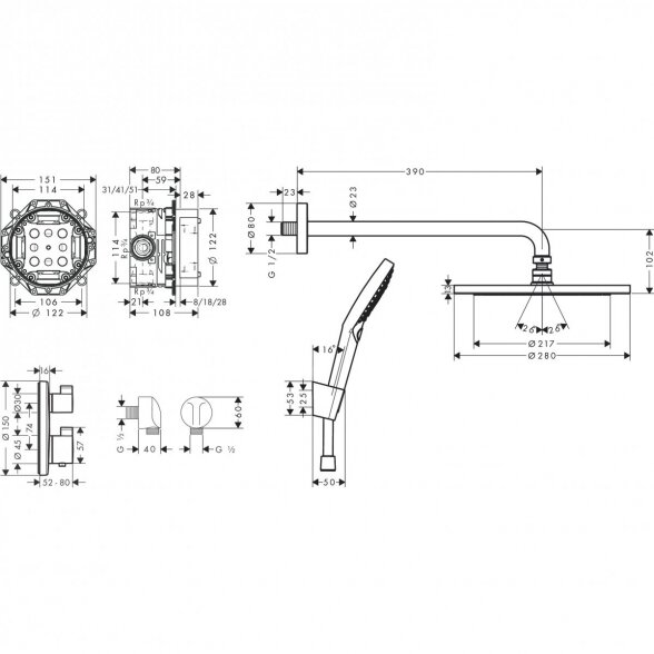 Potinkinis termostatinis dušo 4 in 1 komplektas HANSGROHE Croma 280, 27954000 6