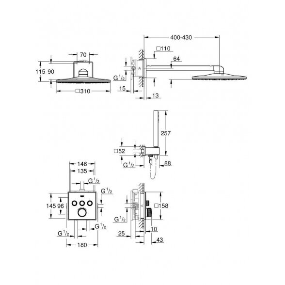 Potinkinis termostatinis dušo komplektas GROHE Grohtherm SmartControl Rainshower Mono 310 Cube, 34865KF0 7