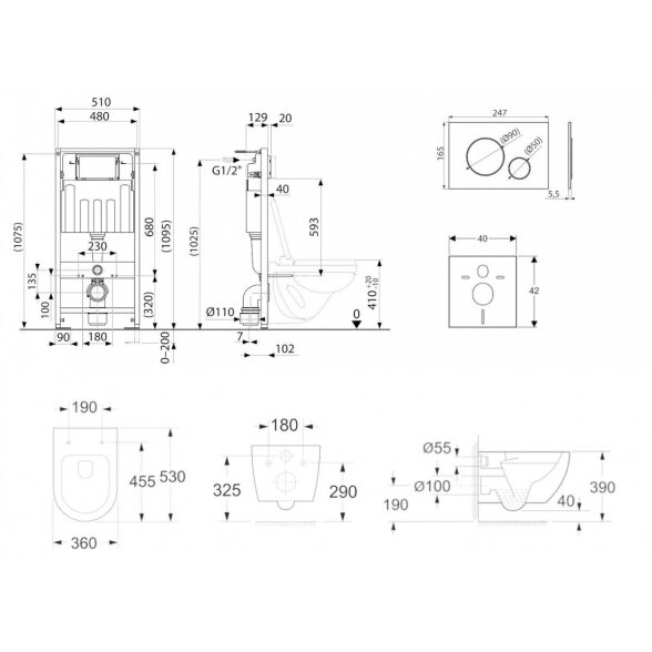 Potinkinis universalus unitazo (WC) rėmo komplektas EU (4 in 1) + pakabinamas unitazas EU Round W3 Rimless su slim Soft Close dangčiu 6