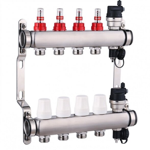 Reguliuojamas grindinio šildymo nerūdijančio plieno kolektorius IVAR 4 žiedų su srauto matuokliais (su automatiniais nuorintojais)