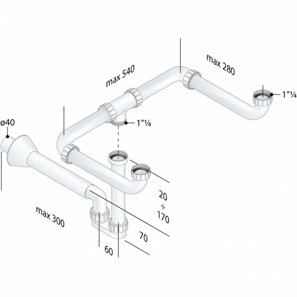 Sifonas dvigubam praustuvui PREVEX 1 1/4" 1