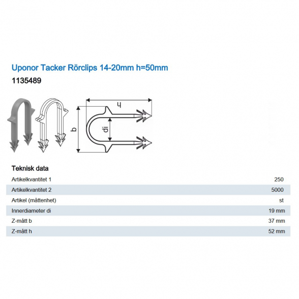 Smeigtukai plokštei UPONOR 14-20 mm H 50 mm (250 vnt.) 1135489 1