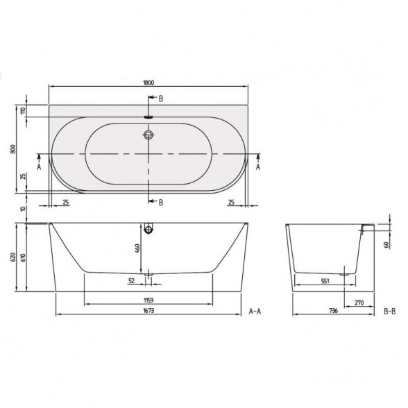 Stačiakampė vonia prie sienos VILLEROY & BOSH Oberon 2.0 iš Quaryl medžiagos 800 x 1800 mm 3