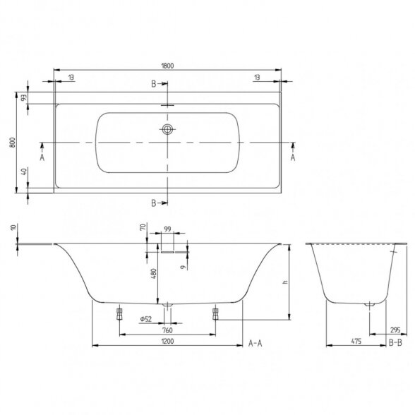 Stačiakampė vonia su tyliu sifonu VILLEROY & BOSH Subway 3.0 iš Quaryl medžiagos 800 x 1800 mm 4