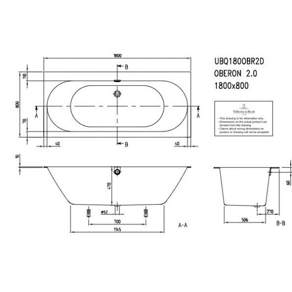 Stačiakampė vonia VILLEROY & BOSH Oberon 2.0 iš Quaryl medžiagos 800 x 1800 mm 2