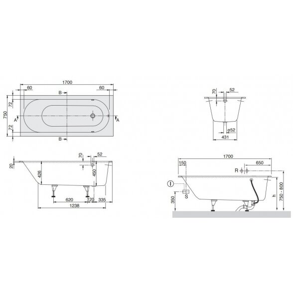 Stačiakampė vonia VILLEROY & BOSH Oberon iš Quaryl medžiagos 700 x 1700 mm 9