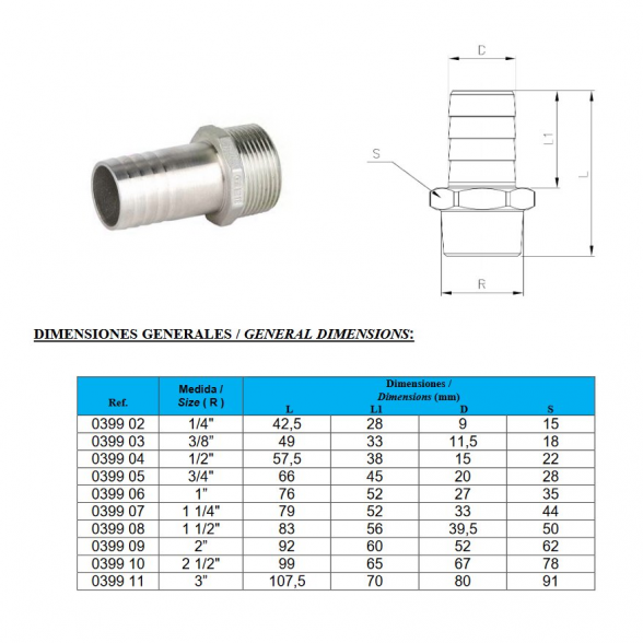 Štuceris žarnai nerūdijančio plieno 9 mm x 1/4" išorė 1