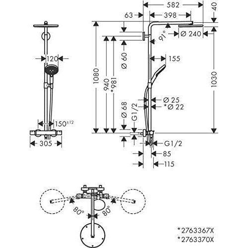 Termostatinė lietaus dušo sistema HANSGROHE Raindance Select S Showerpipes 1jet, 27633990 1