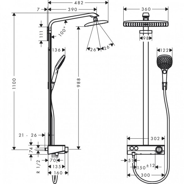 Termostatinė lietaus dušo sistema HANSGROHE Raindance E Showerpipe 360 1jet, 27288000 2