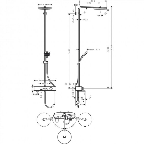 Termostatinė lietaus dušo sistema su snapu voniai HANSGROHE Pulsify S 260 1 jet, 24230000 5