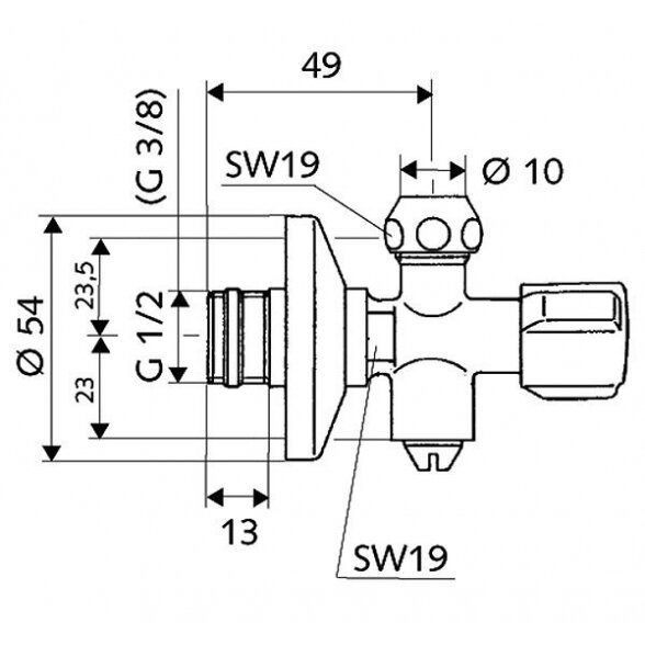 Ventilis kampinis su vandens išleidimu SCHELL 1/2" x 3/8" 1