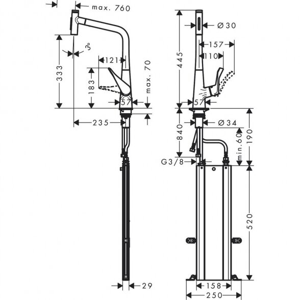 Virtuvinis (plautuvės) maišytuvas su ištraukiamu snapu HANSGROHE Metris Select M71, nerūdijančio plieno spalvos, dviejų srovių, 73816800 3