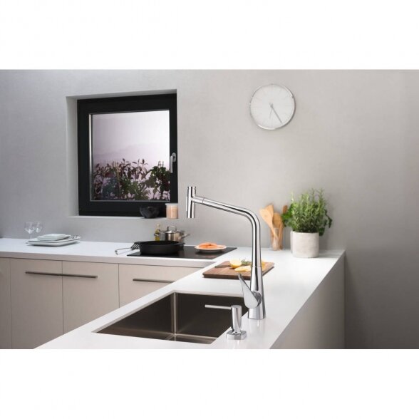 Virtuvinis (plautuvės) maišytuvas su ištraukiamu snapu HANSGROHE Metris Select M71, chromo spalvos, dviejų srovių, 73816000 5